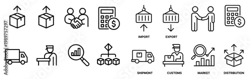 Logistics icons with truck box calculator outline style