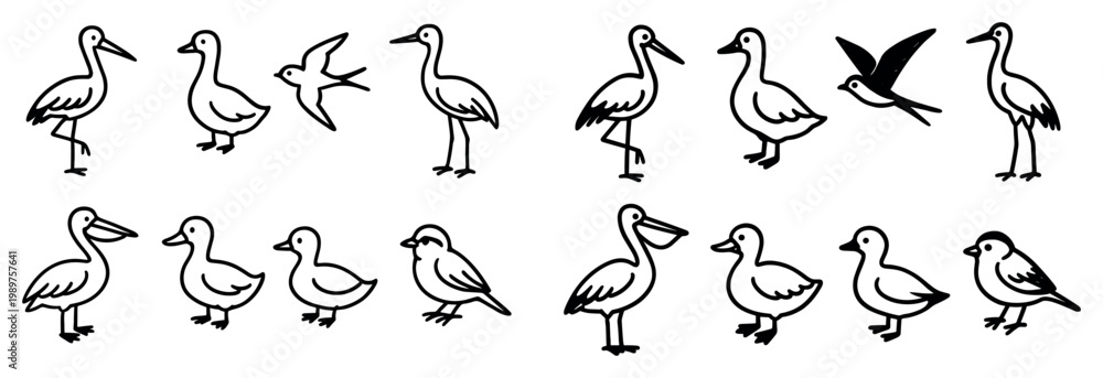 Fototapeta premium Bird icons with duck seagull and tern outline