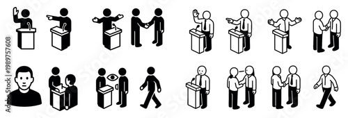Public speaking icons with podium handshake minimal