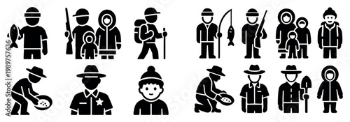 Outdoor icons with fisherman prospector sheriff silhouette