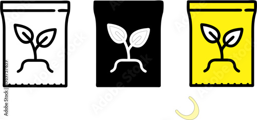 Set of 3 Seed Bag Icons - Agriculture and Plant Fertilizer Symbols in Outline Solid and Yellow Styles - Vector