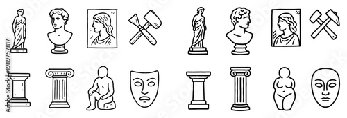Museum icons with bust statue column outline