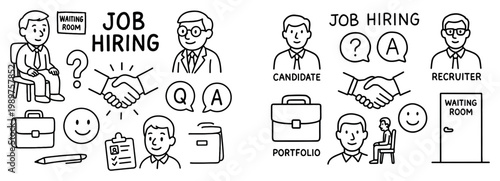 Hiring icons with handshake briefcase portfolio doodle