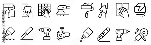 Construction icons with roller trowel drill outline