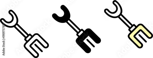 Set of 3 Garden Fork Icons - Farming Tool and Agriculture Symbols in Outline Solid and Yellow Styles - Vector