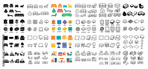 Vector icons of furniture and textiles