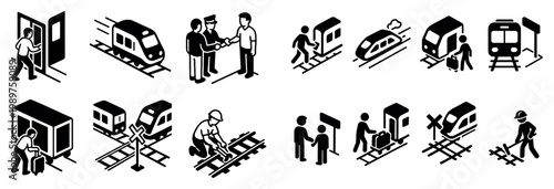 Rail transport icons with train tracks worker outline