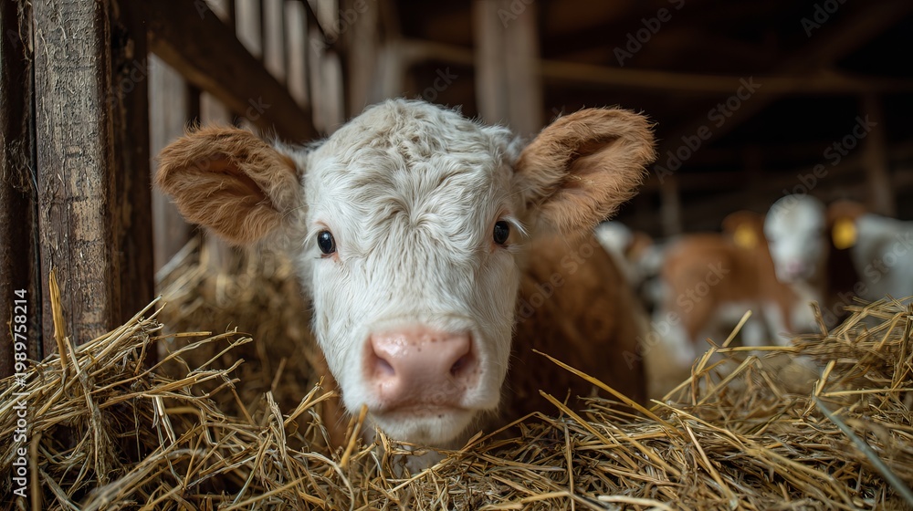 Fototapeta premium Calf eats hay in barn.