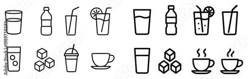 Drink icons with glass bottle cup flat