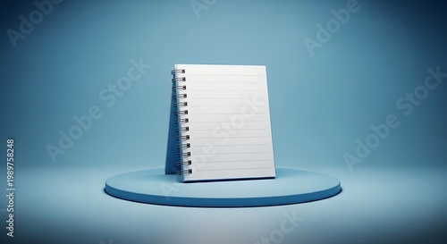 Blank spiral bound notepad resting on a circular podium against a solid blue background
