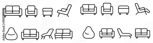Furniture icons with sofa and chair minimal outline