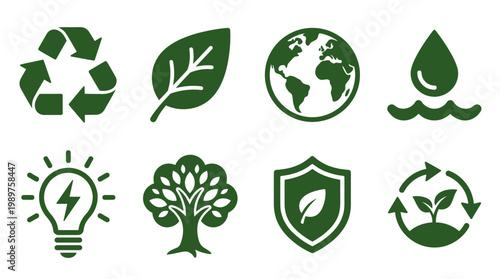 Eco-friendly symbols: recycling, leaf, earth, water, lightbulb, tree, shield, sprout