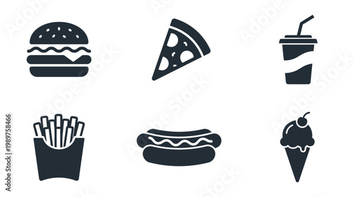 Fast Food Icons: Burger, Pizza, Fries, Hot Dog, Drink, Ice Cream