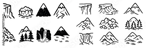 Landscape icons with mountain waterfall cliff sketch