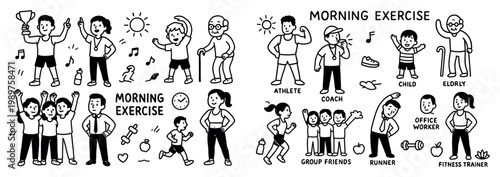 Fitness icons with athletes coaches and families outline