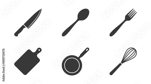 Kitchen Utensils Set: Knife, Spoon, Fork, Cutting Board, Pan, Whisk Icons