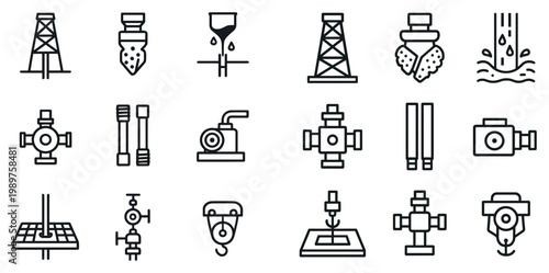 Oil industry icons with rig drill equipment outline