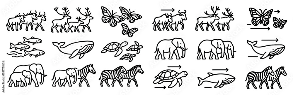 Fototapeta premium Wildlife icons with deer butterfly whale outline