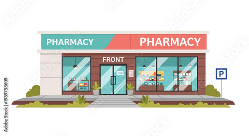 Modern Pharmacy Storefront Building with Parking Sign Flat Vector Design