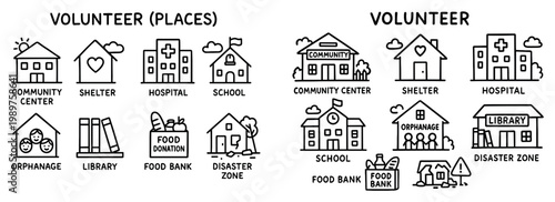 Volunteer icons with community shelter hospital outline