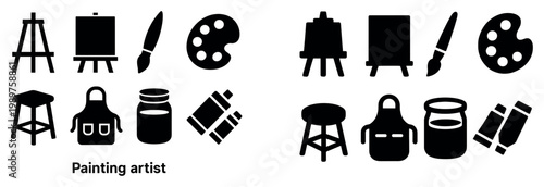 Painting icons with easel brush palette silhouette