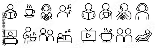 Leisure icons with book coffee headphones outline minimal