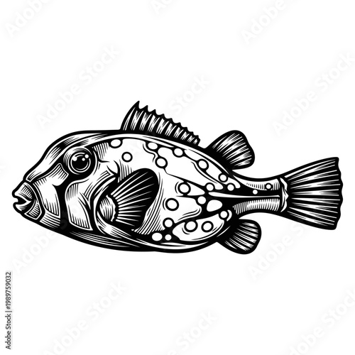 A detailed illustration of a spotted puffer fish swimming in the ocean water with fins and scales visible.