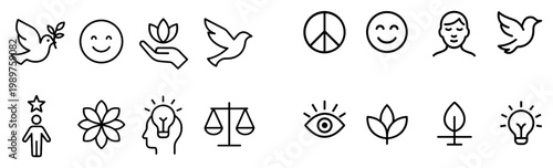 Peace icons with dove hand and leaf outline