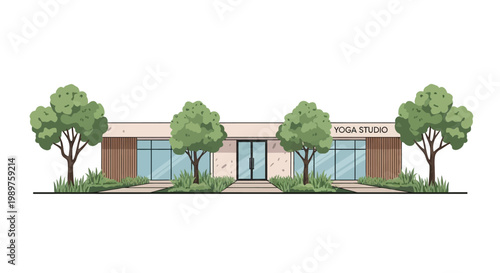 Modern Yoga Studio Building with Green Trees Flat Vector Design Concept