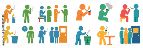 Public behavior icons with people cigarette bin flat
