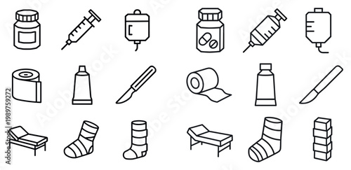 Medical icons with syringe pill bottle bed outline