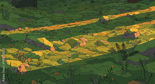 Sunlight on Grassy Hillside with Rocks and Sparse Vegetation