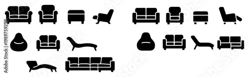 Furniture icons with sofa armchair chaise silhouette