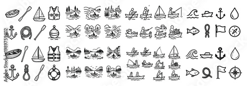 Nautical doodles and fishing scenes