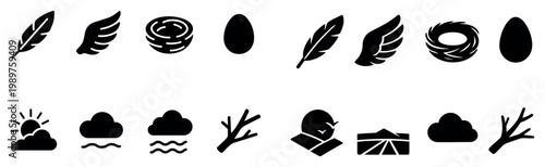 Nature icons with feather nest egg minimal
