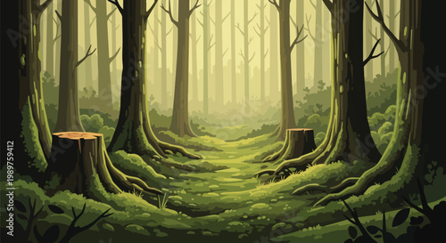 Misty Forest Path with Mossy Trees and Stumps, Pixel Art Landscape