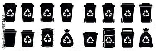 Recycling icons with bin barrel bag minimal