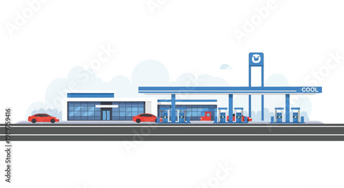 Modern Gas Station with Convenience Store and Red Cars Flat Vector Design