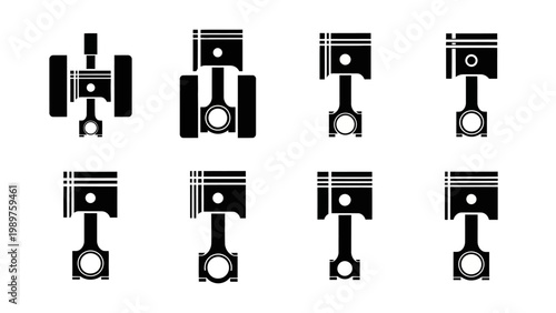 Collection of isolated black and white piston engine component icons on a white background