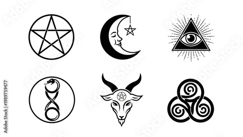 collection of occult and mystic symbols in black and white graphic design