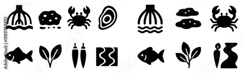 Seafood icons with crab fish oyster minimal