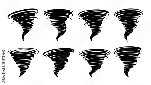 Collection of stylized black tornado icons and symbols representing swirling wind and extreme