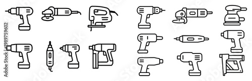 Workshop icons with drill sander jigsaw outline