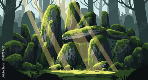 Mystical Ancient Stone Circle in Mossy Forest with Sunbeams, Pixel Art