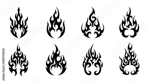 Collection of stylized tribal flame tattoo designs in black and white abstract graphic illustrations