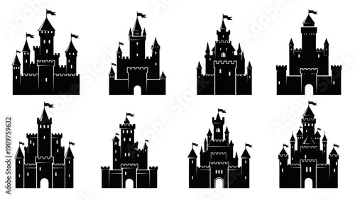 Collection of Stylized Silhouette Medieval Castle Icons for Fantasy Designs and Historical Themes