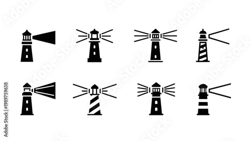Collection of various black and white lighthouse icons and symbols for design
