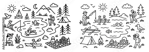 Camp icons with tent canoe picnic outline