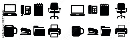 Office icons with laptop chair and mug solid
