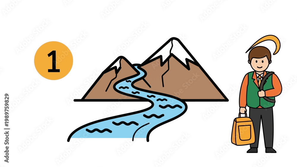 Fototapeta premium Illustration of a person with a bag next to mountains and a river in a simplified cartoon style